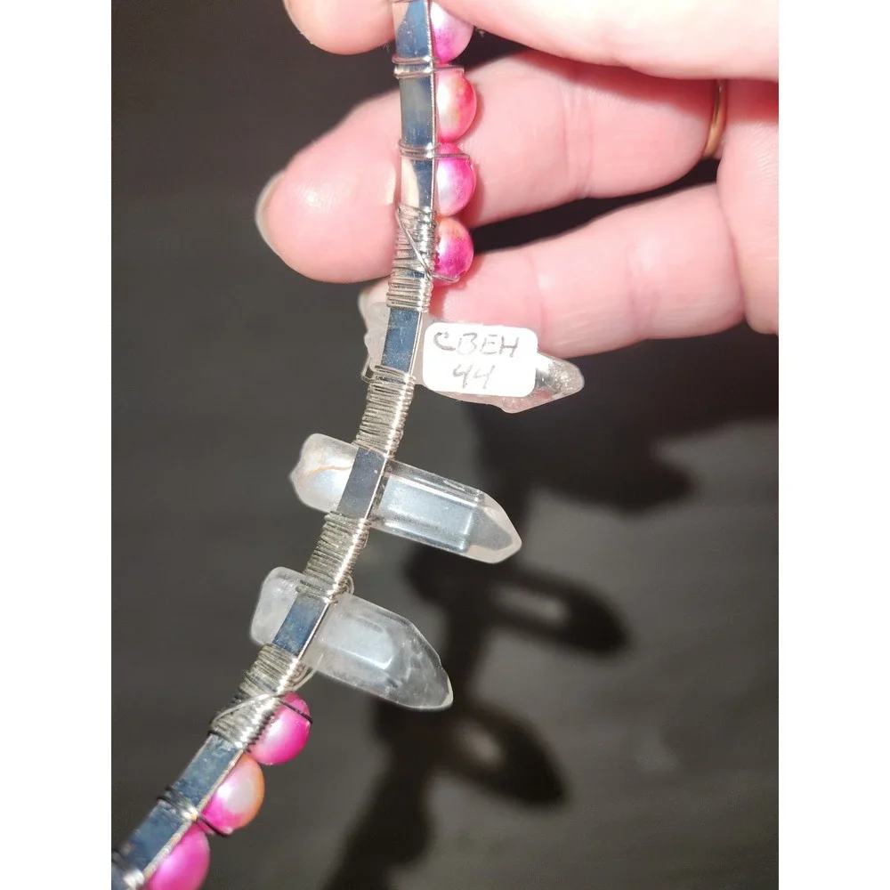 Handmade Pink Pearl and Quartz Crystal Point Wire Wrapped Headband Silver Tone